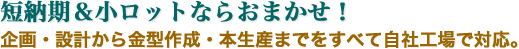 短納期＆小ロットならおまかせ！企画・設計から金型作成・本生産までをすべて自社工場で対応。